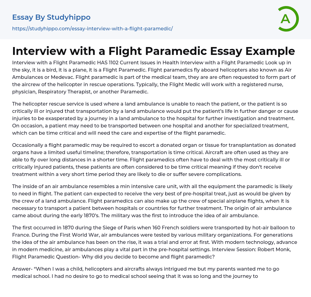 Interview with a Flight Paramedic Essay Example