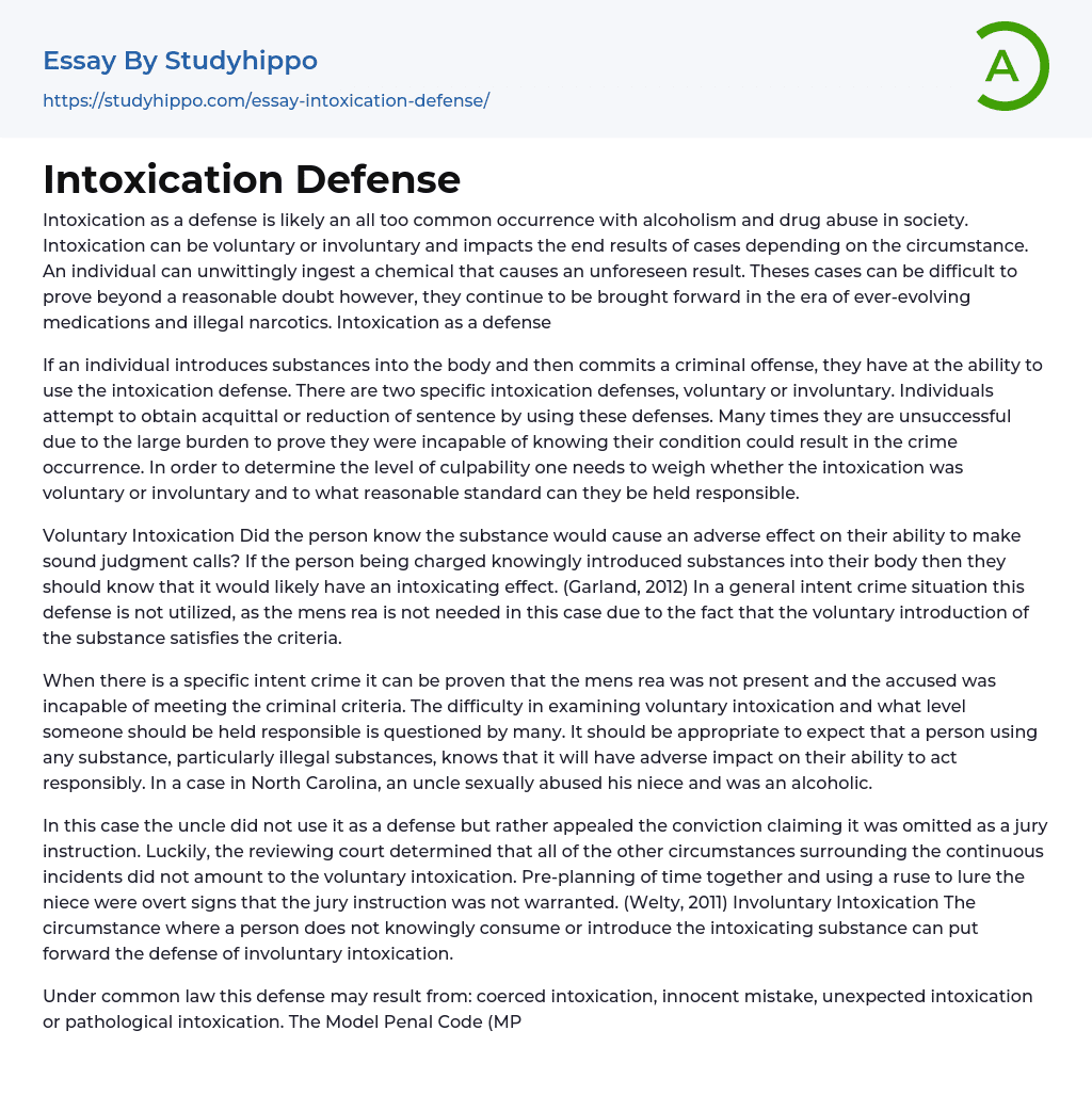 Intoxication Defense Essay Example