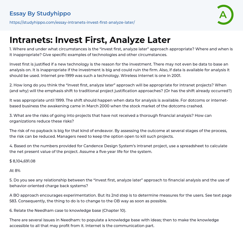 Invest First, Analyze Later: Questions and Answers Essay Example