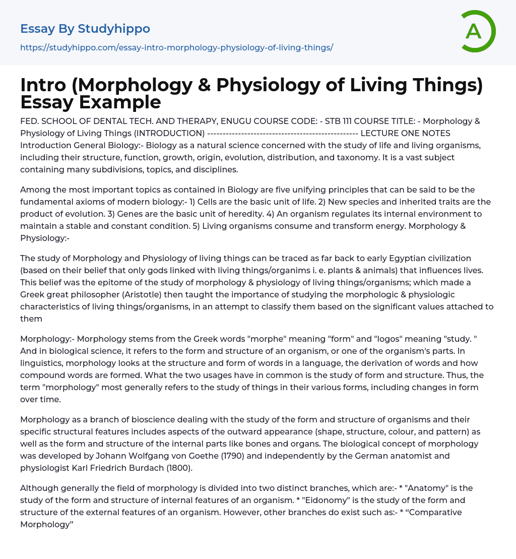 Morphology & Physiology of Living Things Essay Example