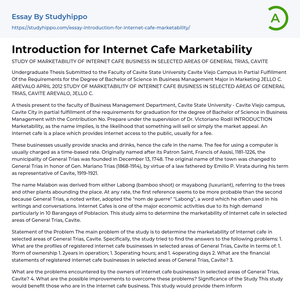 Introduction for Internet Cafe Marketability Essay Example