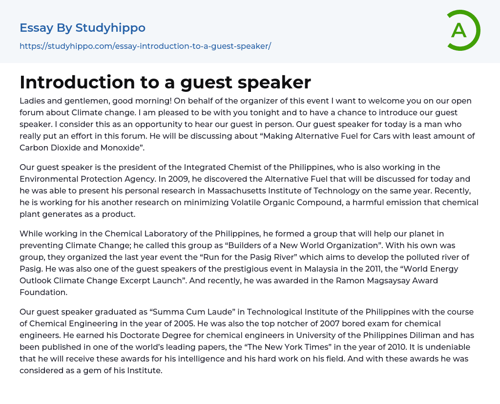 Introduction To A Guest Speaker Essay Example StudyHippo