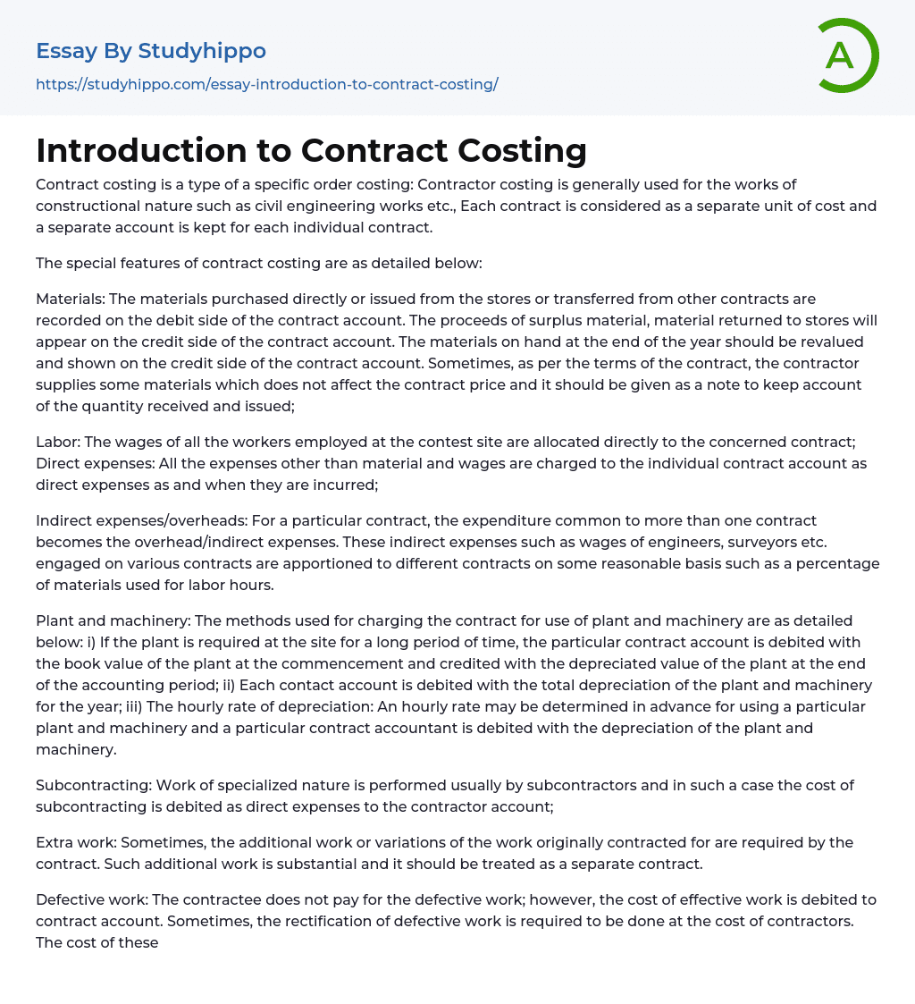 Introduction to Contract Costing Essay Example
