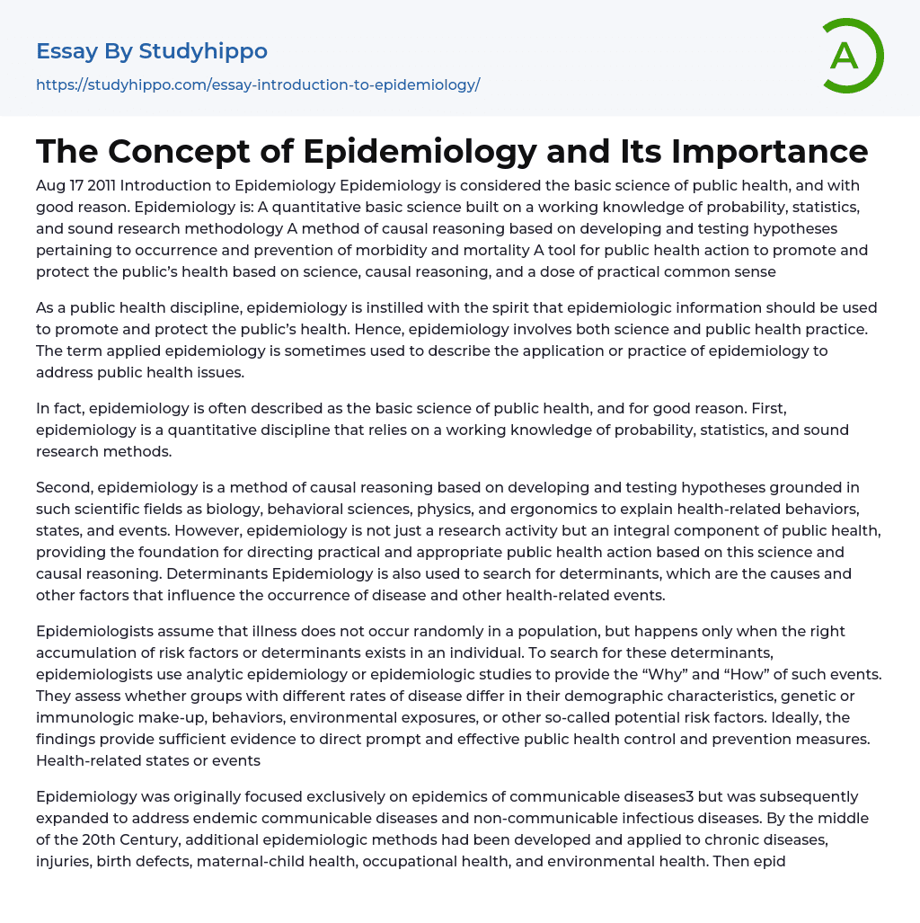 The Concept of Epidemiology and Its Importance Essay Example