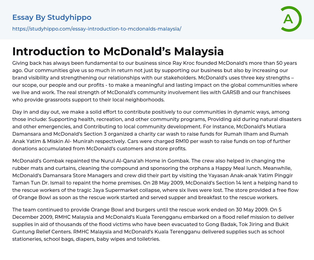 Introduction to McDonald’s Malaysia Essay Example