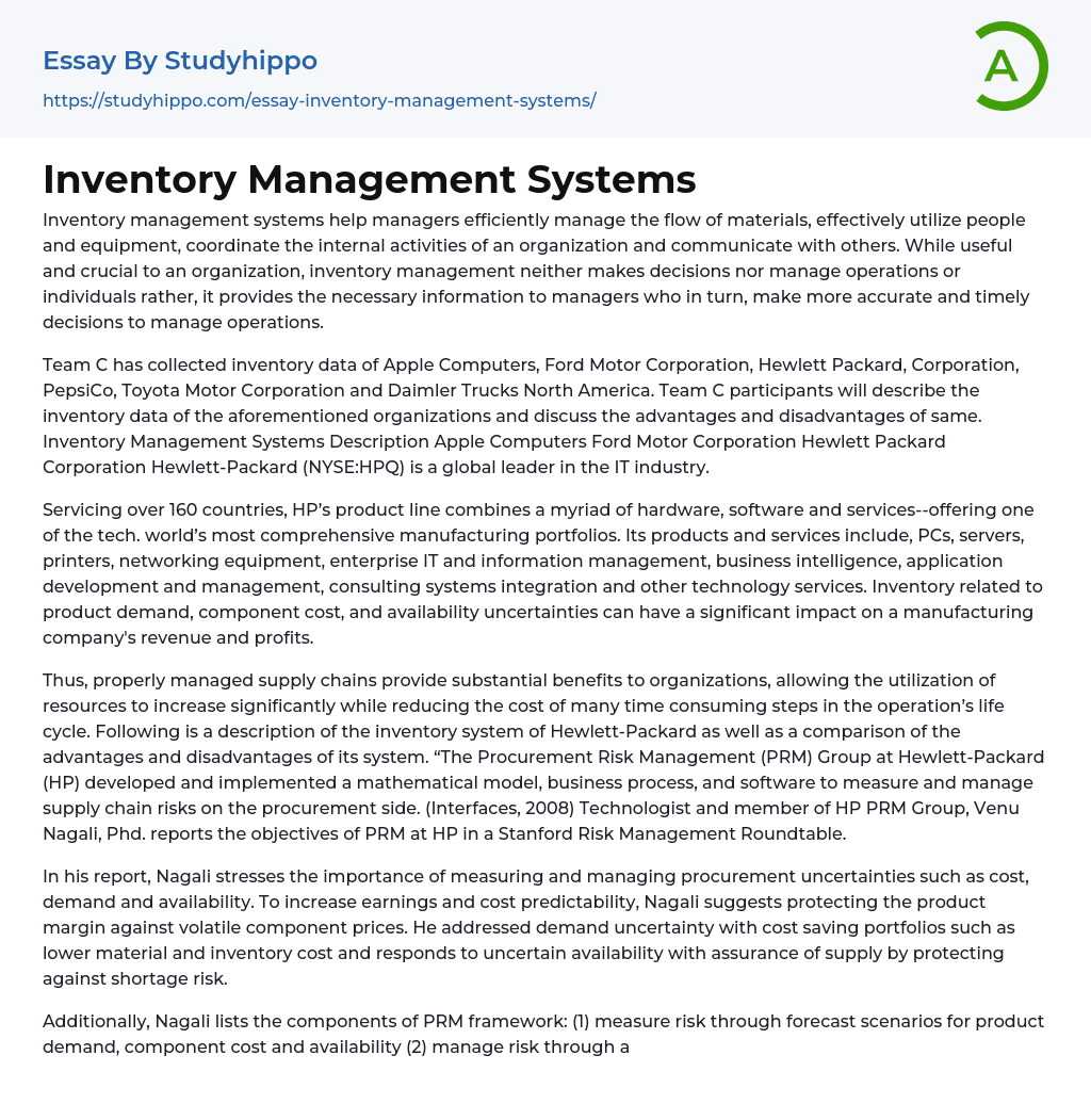 Inventory Management Systems Essay Example