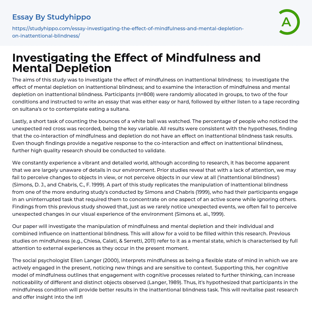 Investigating the Effect of Mindfulness and Mental Depletion Essay Example