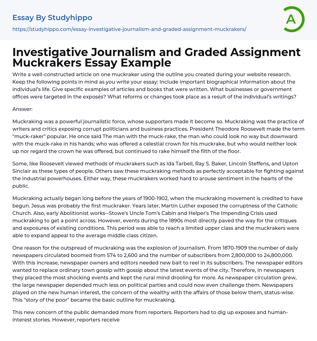 Investigative Journalism and Graded Assignment Muckrakers Essay Example