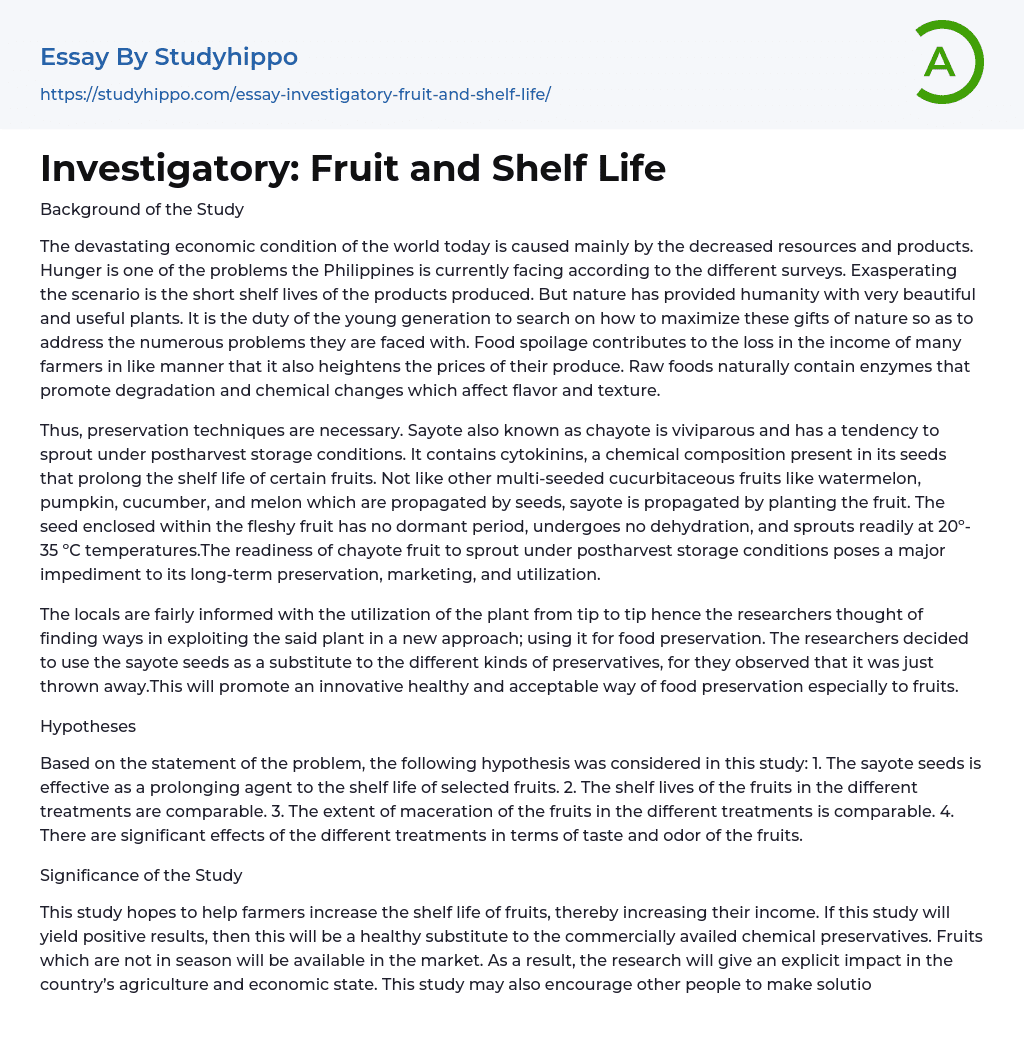 Investigatory: Fruit and Shelf Life Essay Example