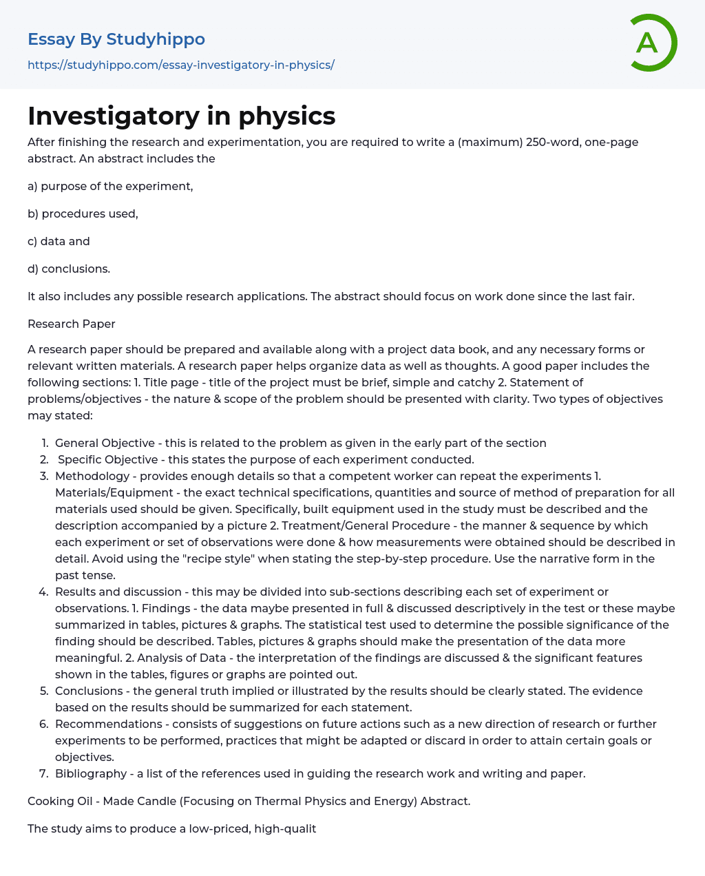 Investigatory in physics Essay Example