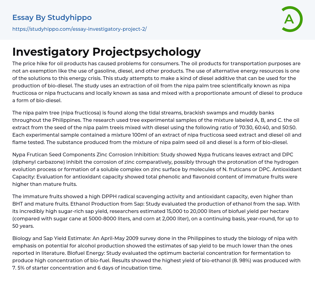 Investigatory Projectpsychology Essay Example