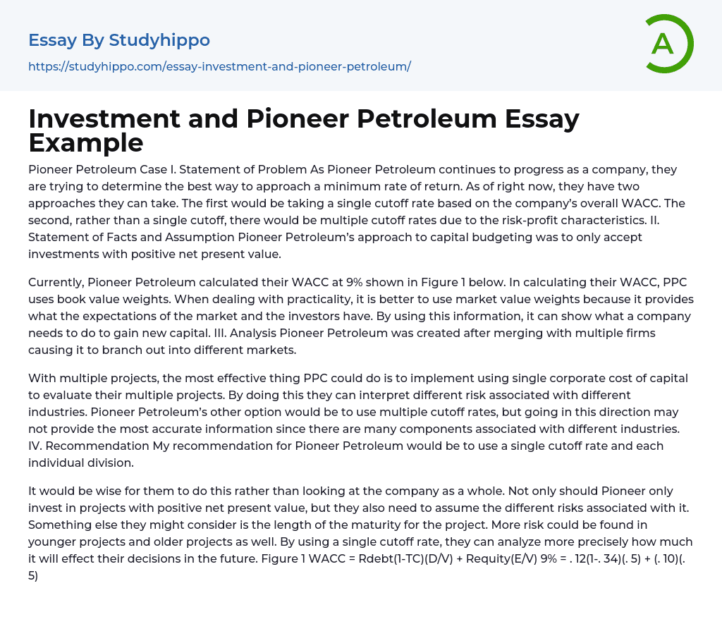 Investment and Pioneer Petroleum Essay Example