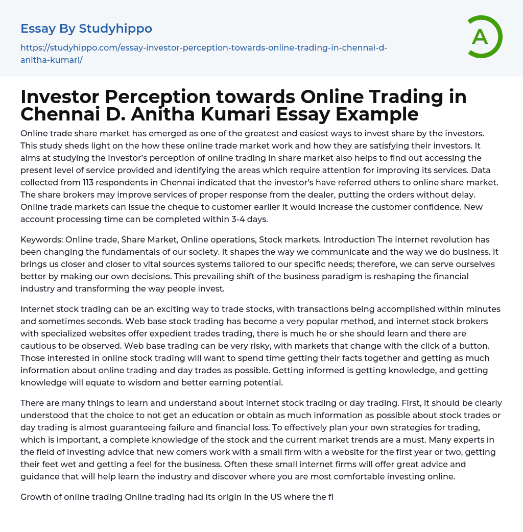 Investor Perception towards Online Trading in Chennai D. Anitha Kumari Essay Example