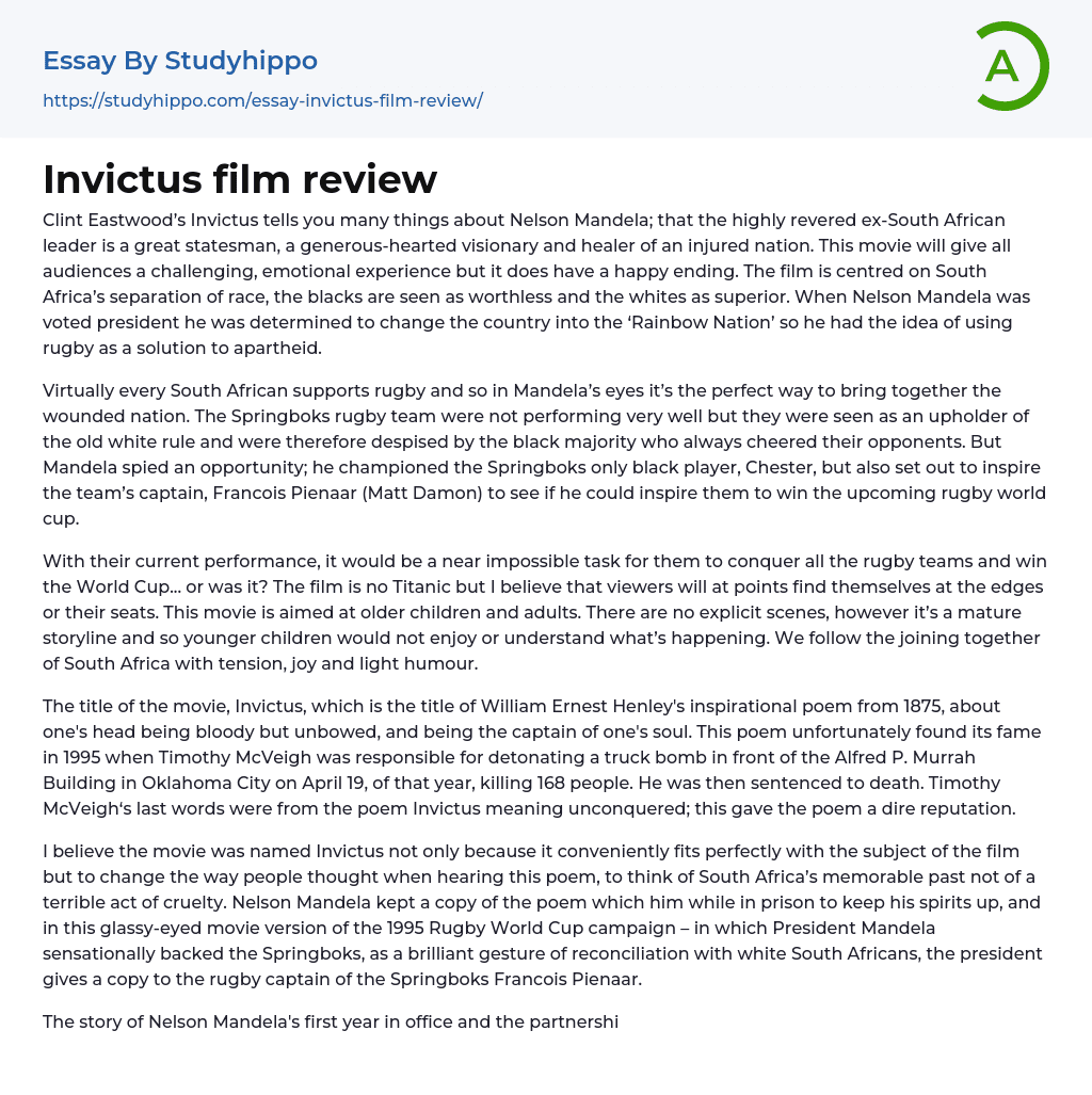 Invictus film review Essay Example