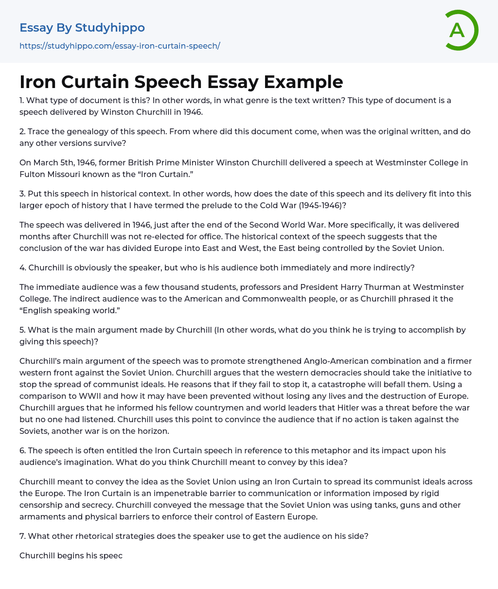 Iron Curtain Speech Essay Example