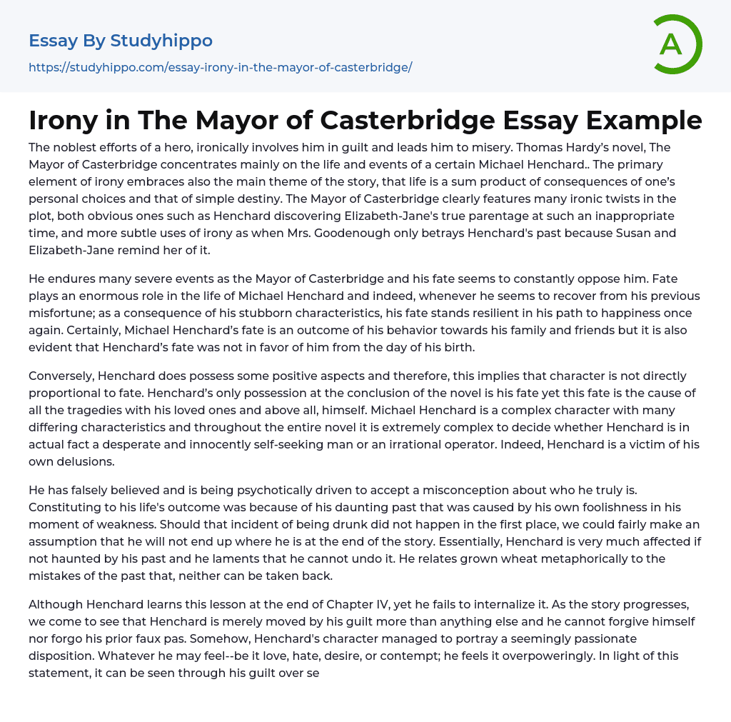 Irony in The Mayor of Casterbridge Essay Example