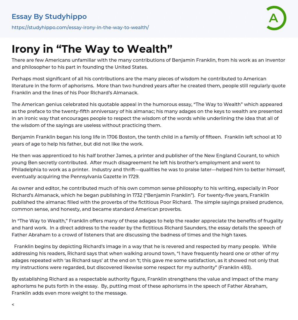 Irony in “The Way to Wealth” Essay Example