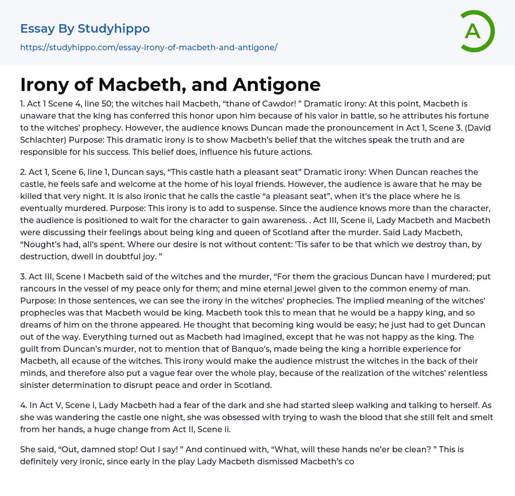 Irony of Macbeth, and Antigone Essay Example