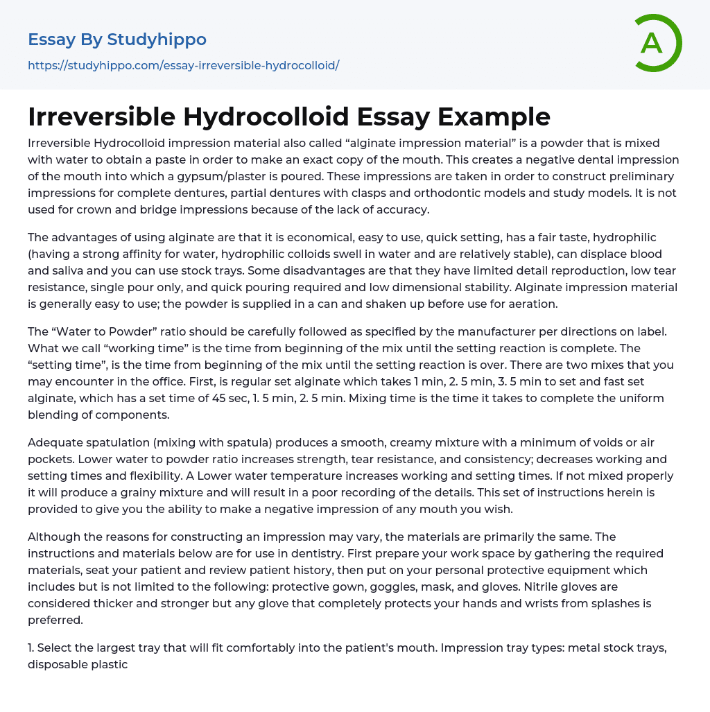 Irreversible Hydrocolloid Essay Example