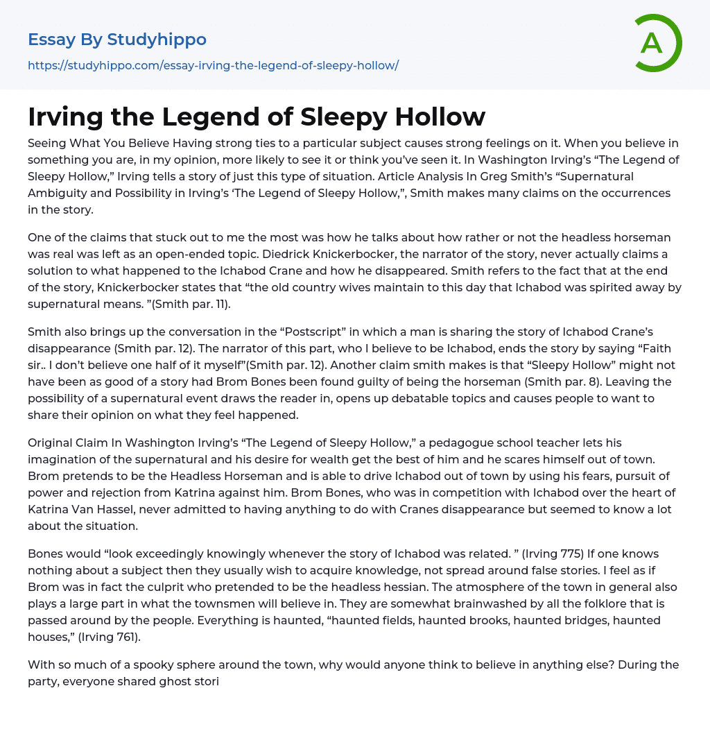 Irving the Legend of Sleepy Hollow Essay Example