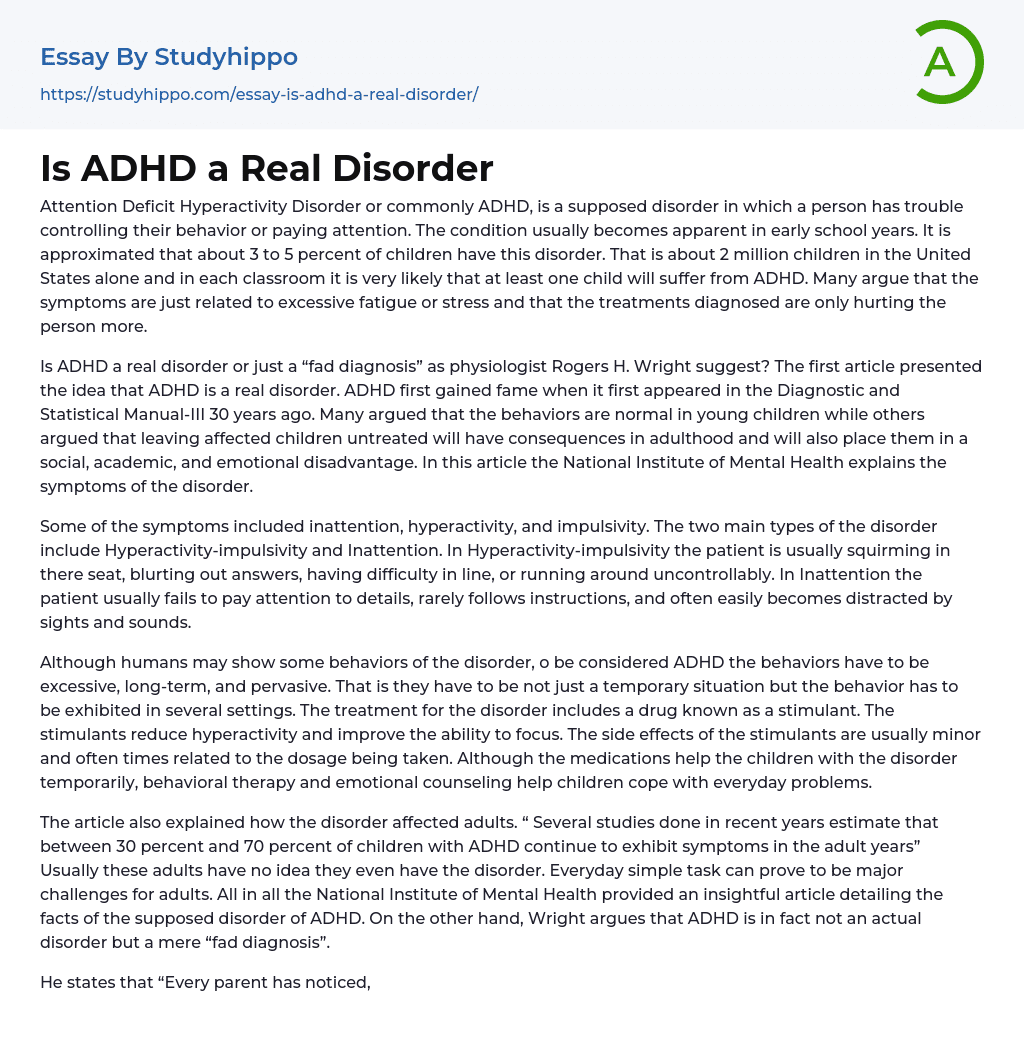 Is ADHD a Real Disorder Essay Example