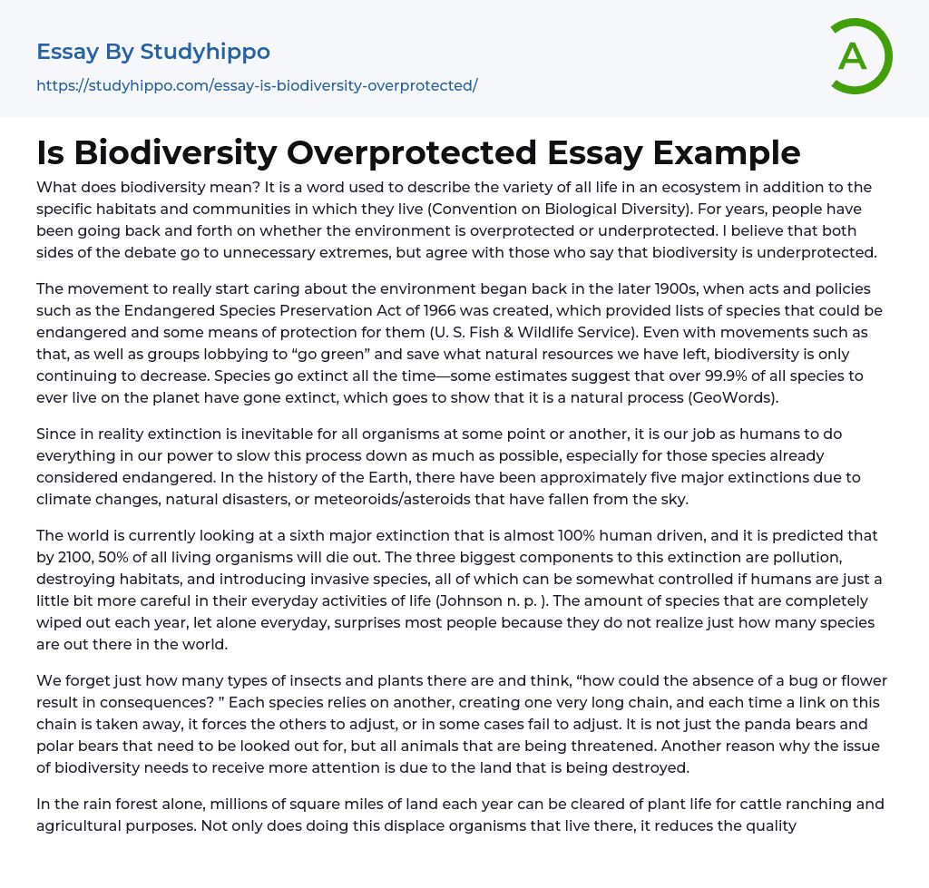 Is Biodiversity Overprotected Essay Example