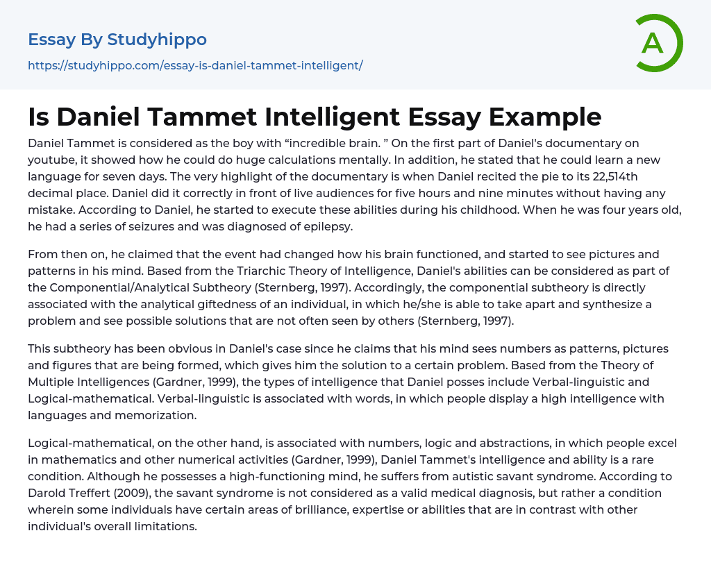 Is Daniel Tammet Intelligent Essay Example