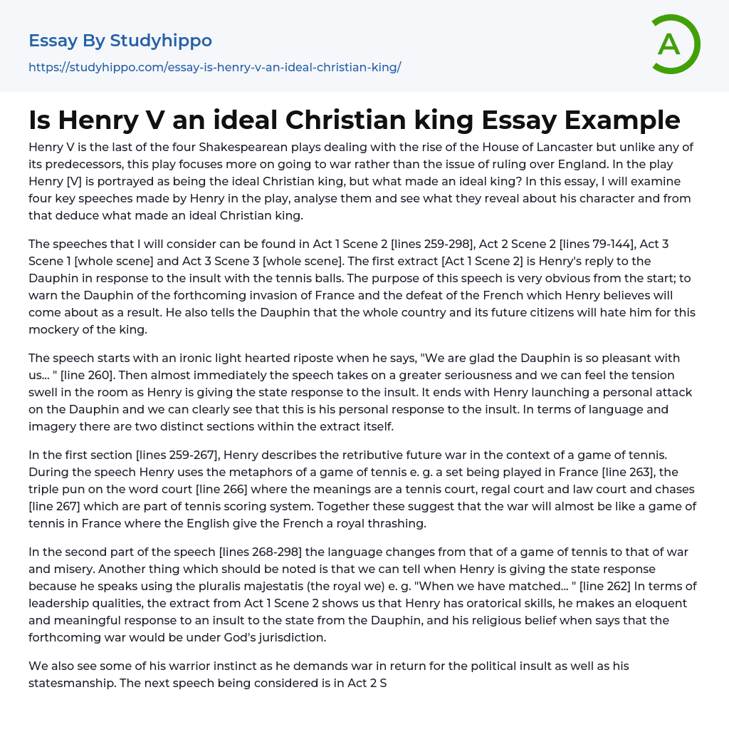Is Henry V an ideal Christian king Essay Example