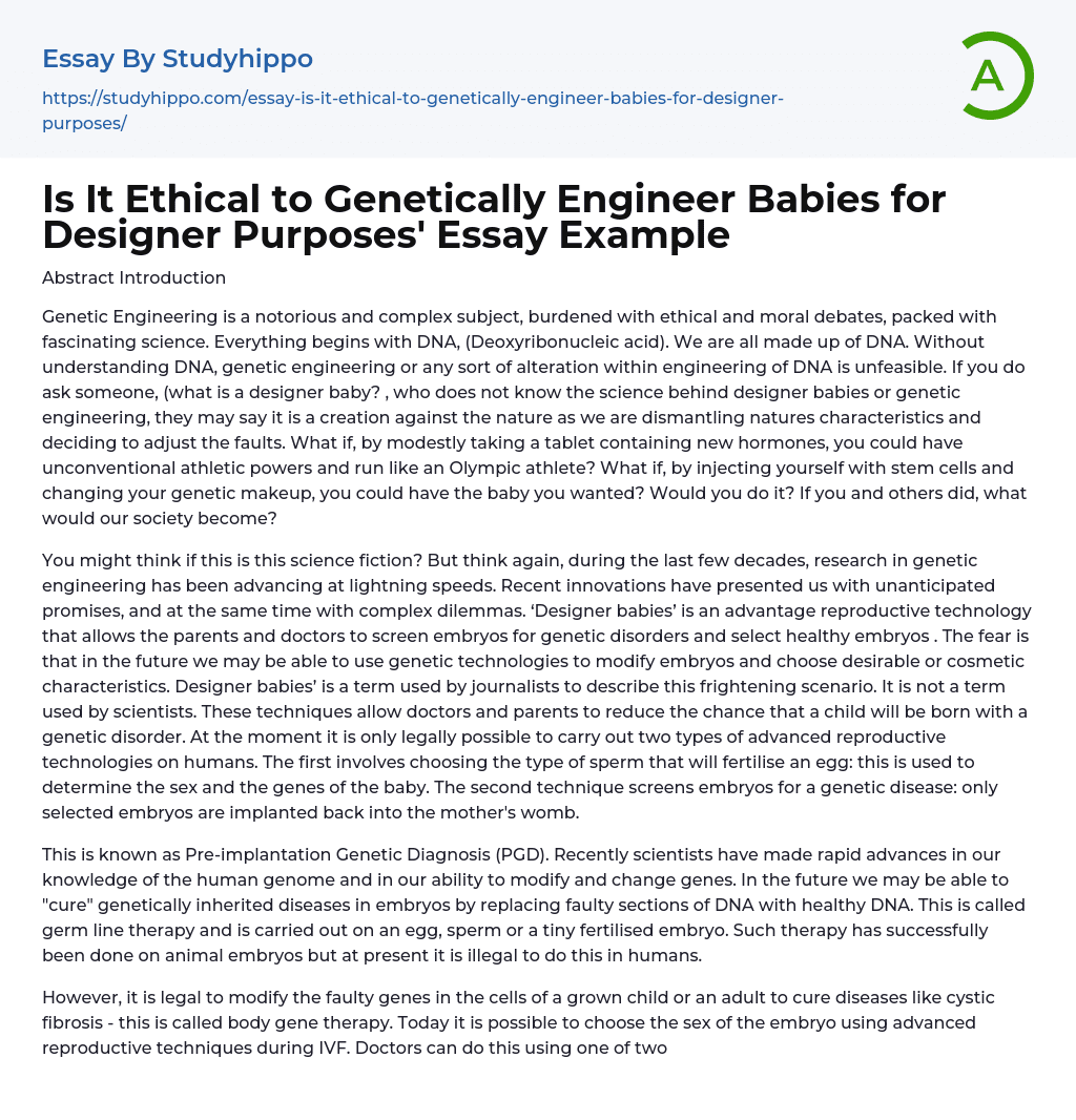 Is It Ethical to Genetically Engineer Babies for Designer Purposes’ Essay Example
