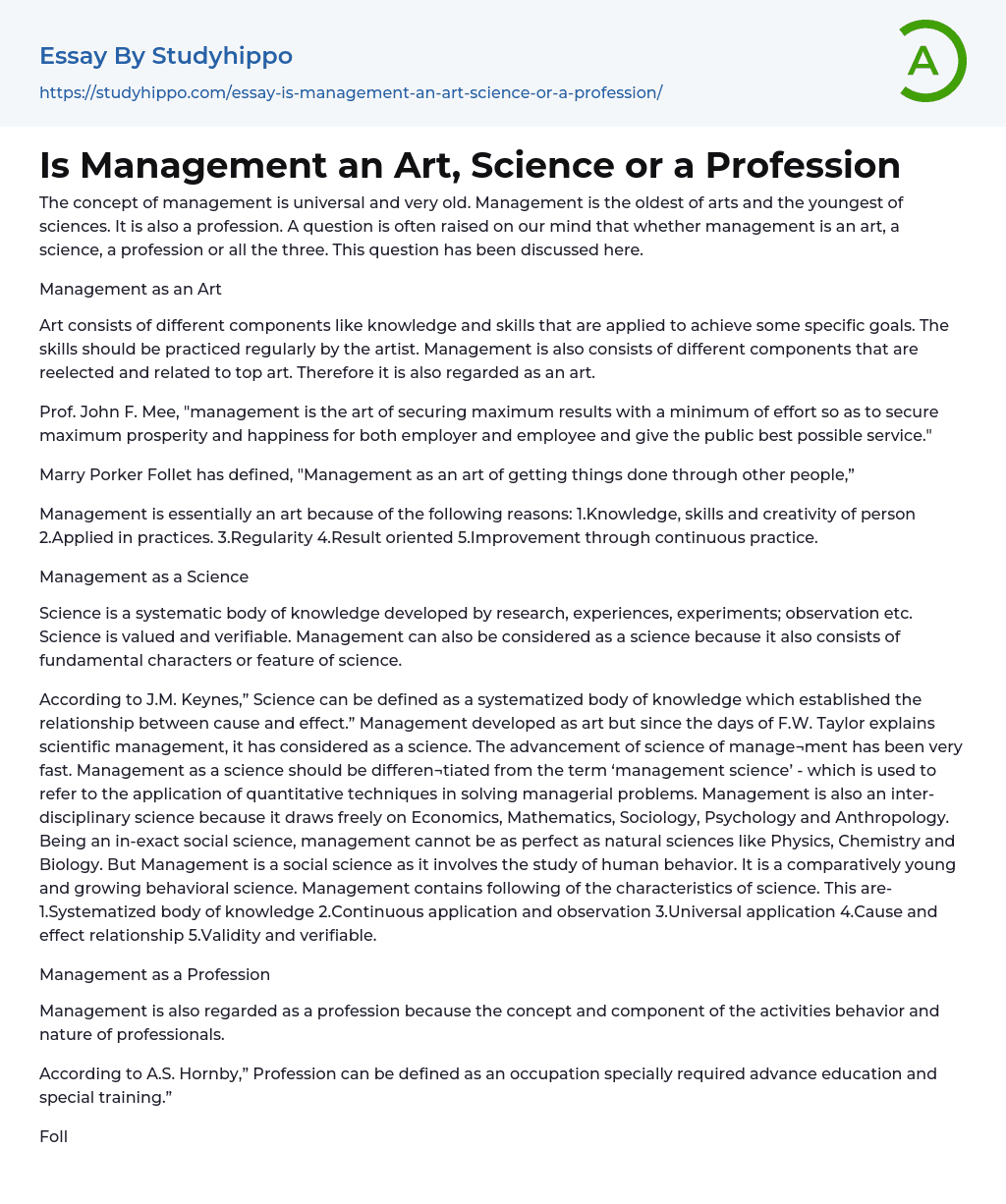 Is Management an Art, Science or a Profession Essay Example