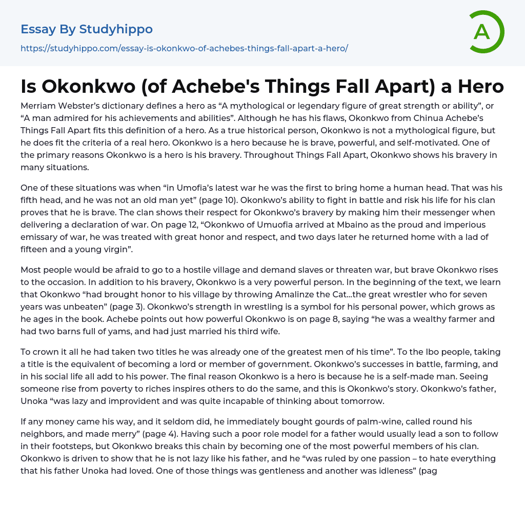 Is Okonkwo (of Achebe’s Things Fall Apart) a Hero Essay Example