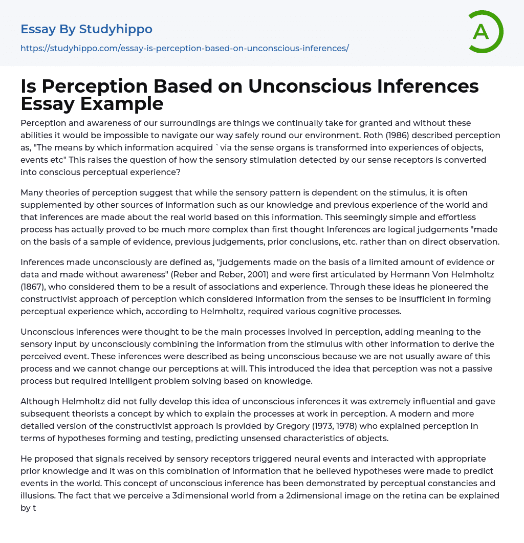 Is Perception Based on Unconscious Inferences Essay Example