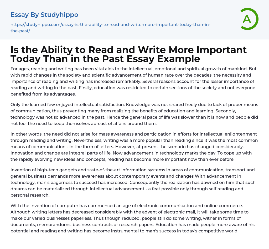 Is the Ability to Read and Write More Important Today Than in the Past Essay Example