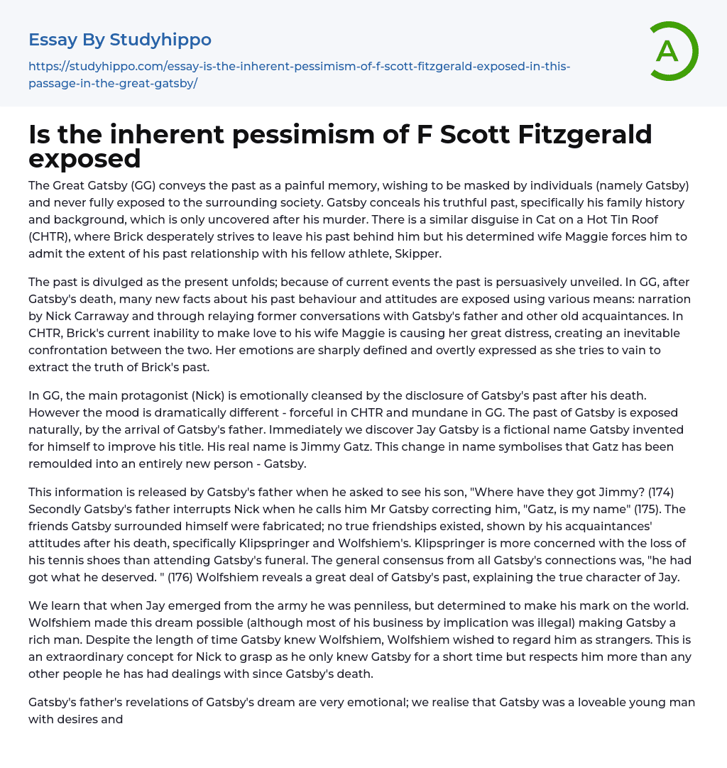 Is the inherent pessimism of F Scott Fitzgerald exposed Essay Example