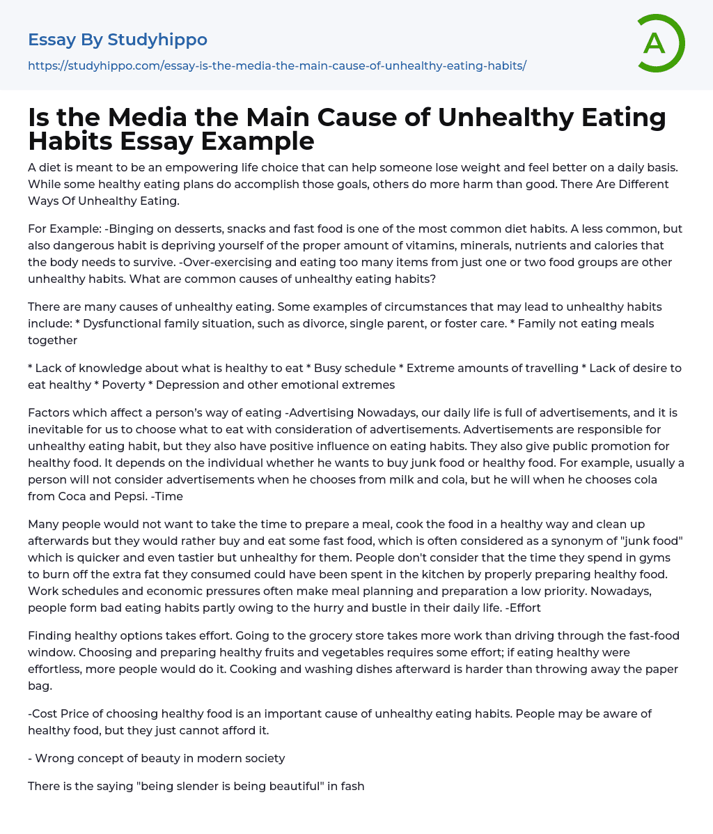 Is the Media the Main Cause of Unhealthy Eating Habits Essay Example