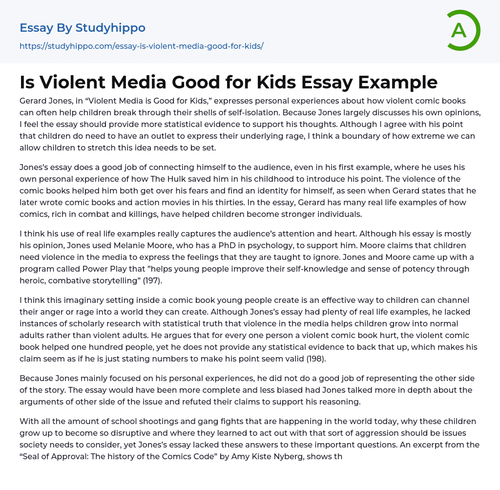 Is Violent Media Good for Kids Essay Example