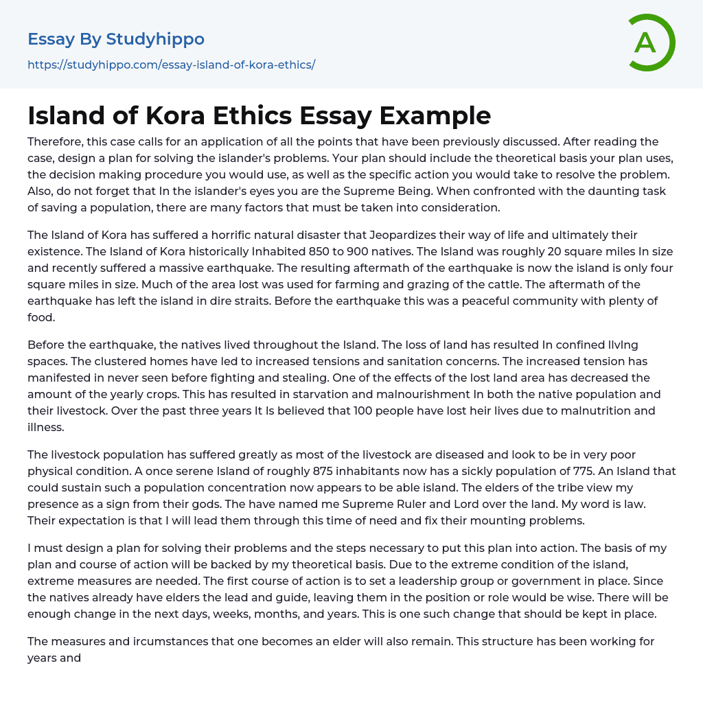 Island of Kora Ethics Essay Example