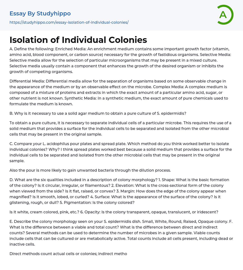Isolation of Individual Colonies Essay Example