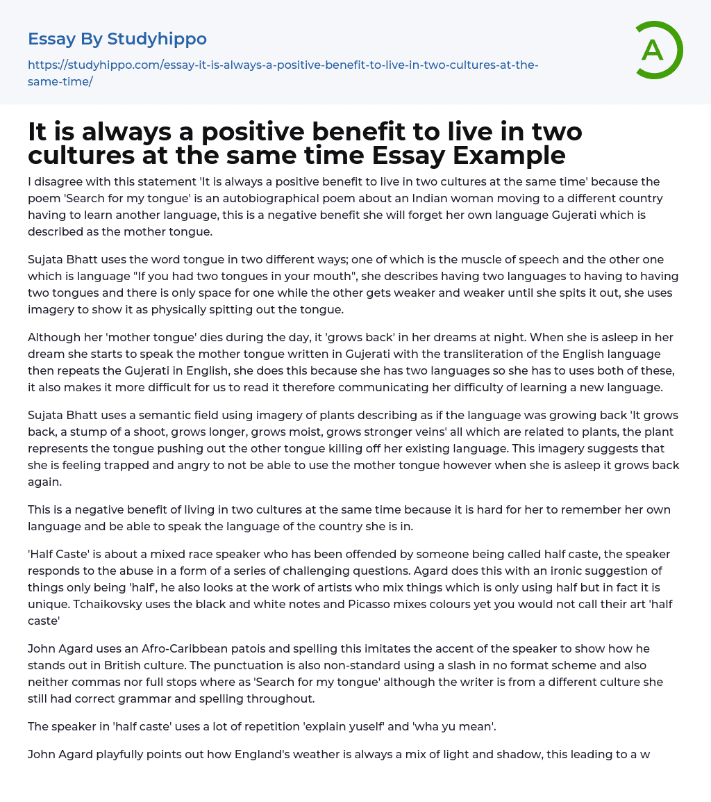 It is always a positive benefit to live in two cultures at the same time Essay Example