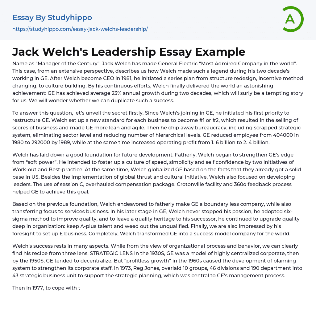 Jack Welch’s Leadership Essay Example