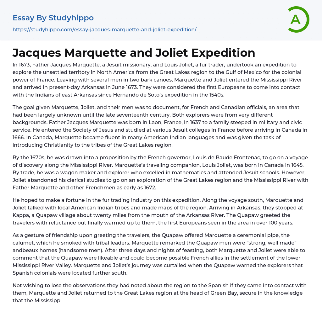 Jacques Marquette and Joliet Expedition Essay Example