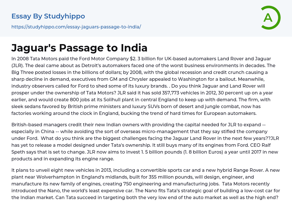 Jaguar’s Passage to India Essay Example