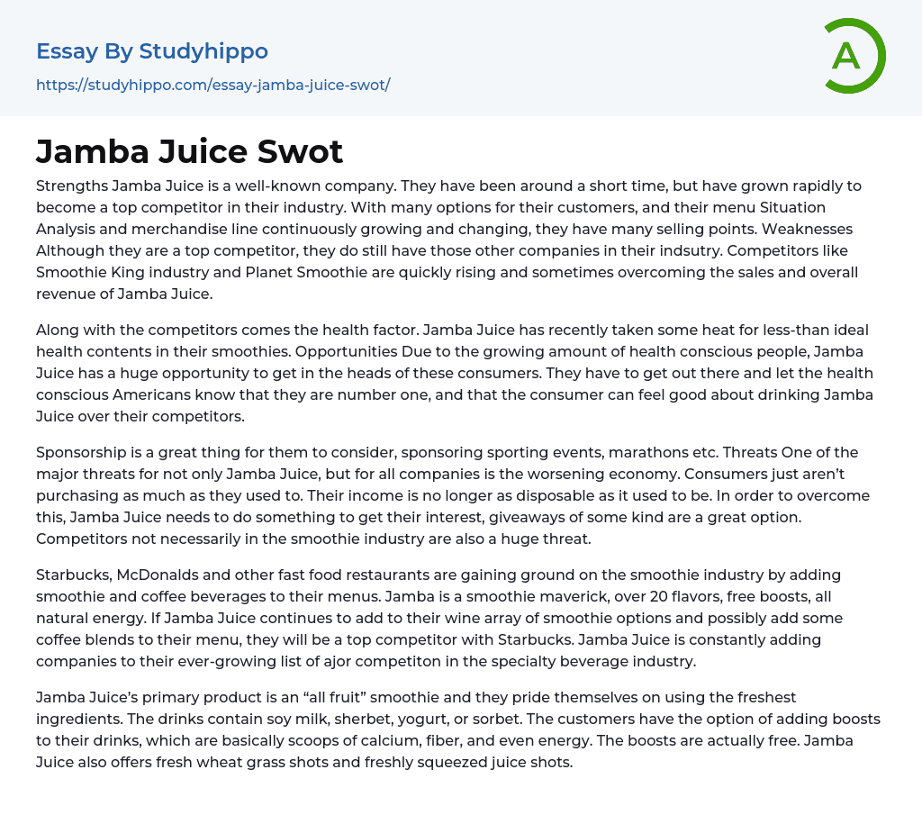 Jamba Juice Swot Essay Example