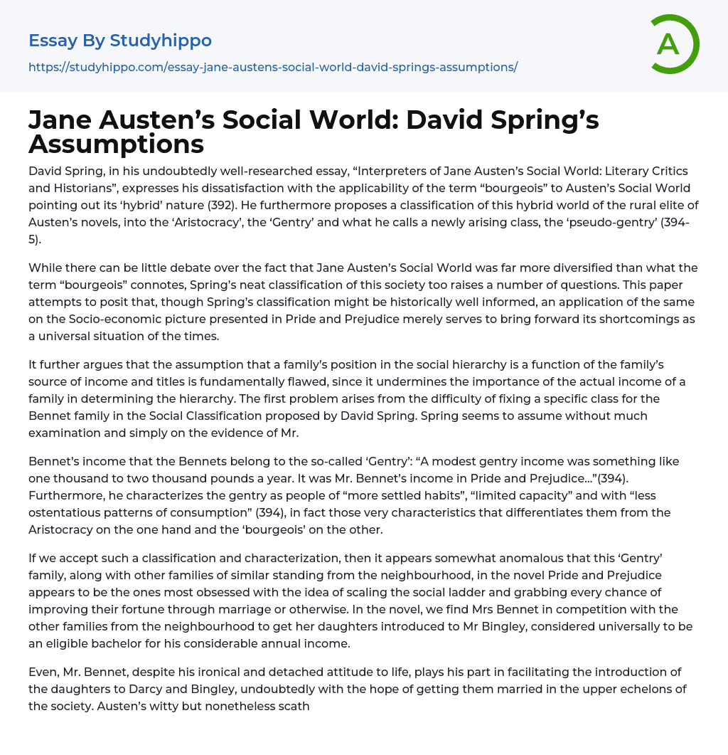 Jane Austen’s Social World: David Spring’s Assumptions Essay Example