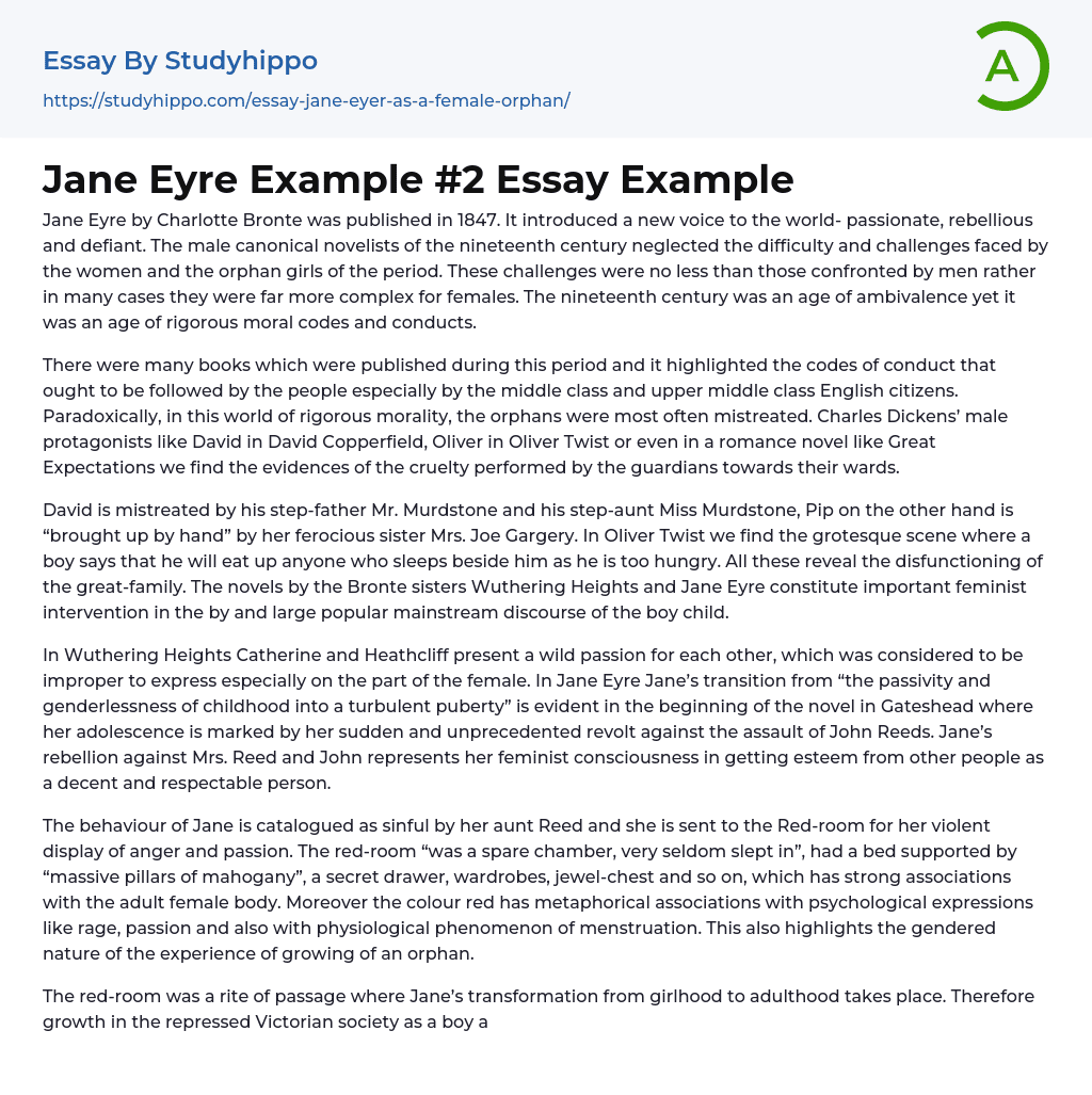Jane Eyre Example #2 Essay Example