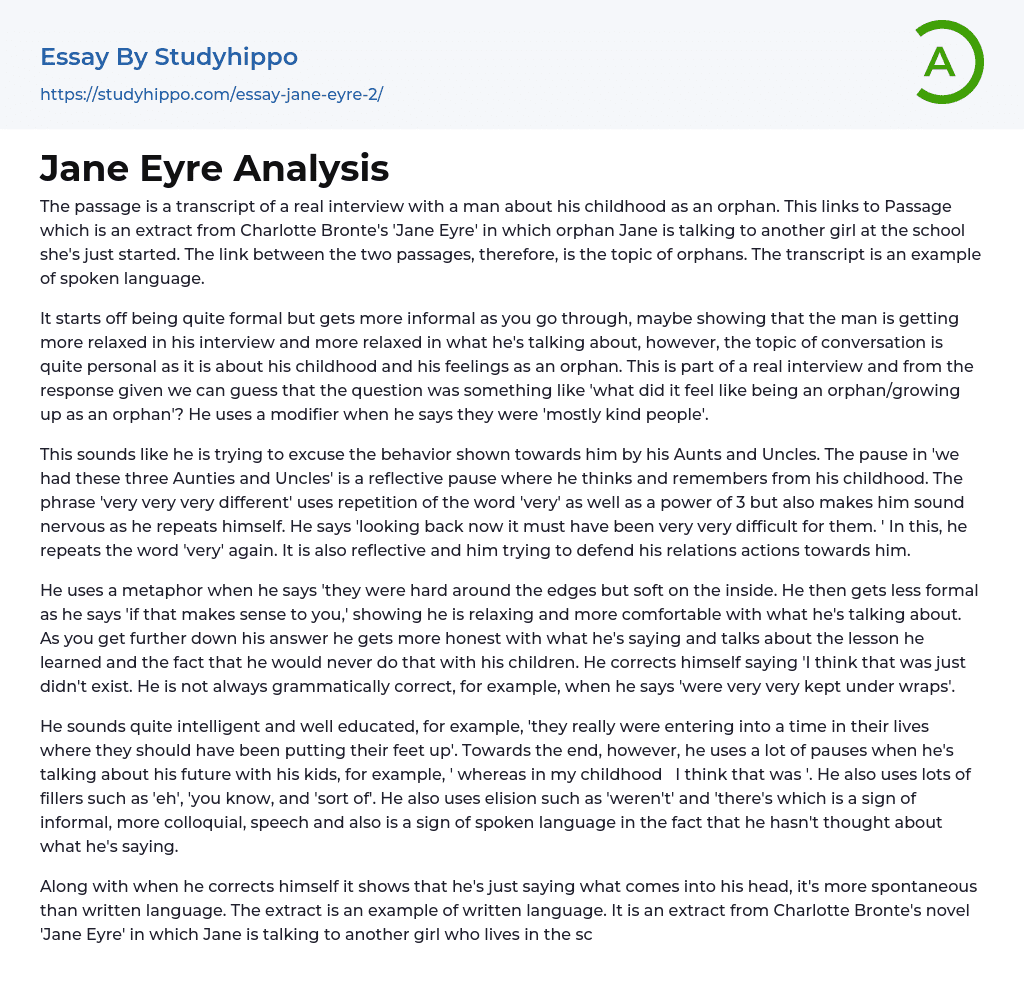 Jane Eyre Analysis Essay Example