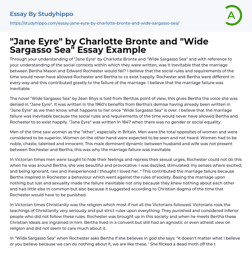 “Jane Eyre” by Charlotte Bronte and “Wide Sargasso Sea” Essay Example