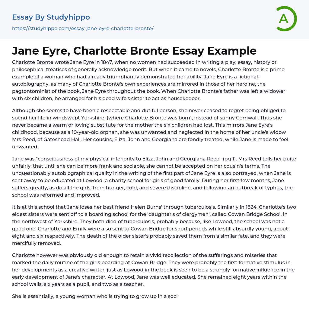 Jane Eyre, Charlotte Bronte Essay Example