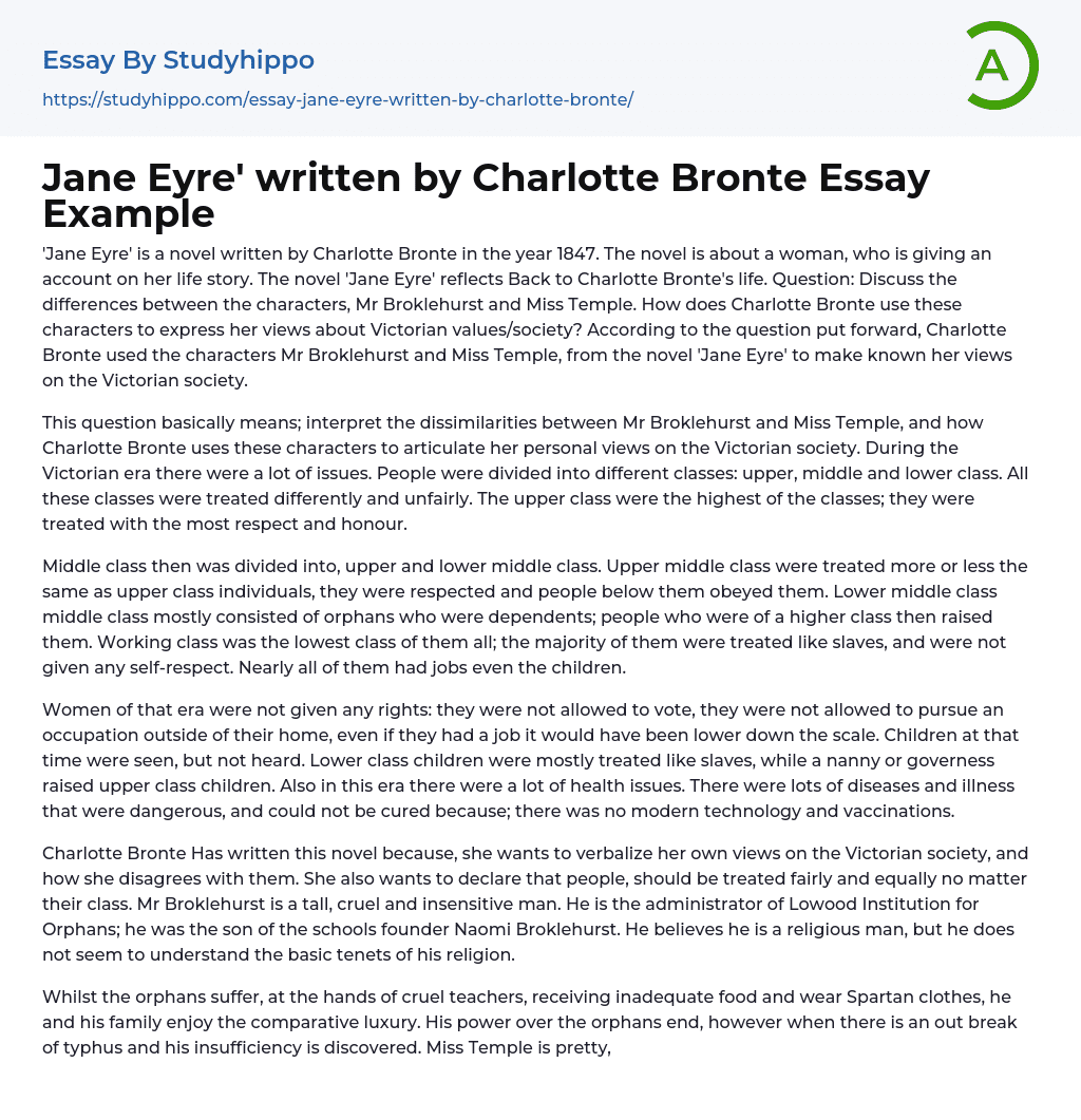 Jane Eyre’ written by Charlotte Bronte Essay Example