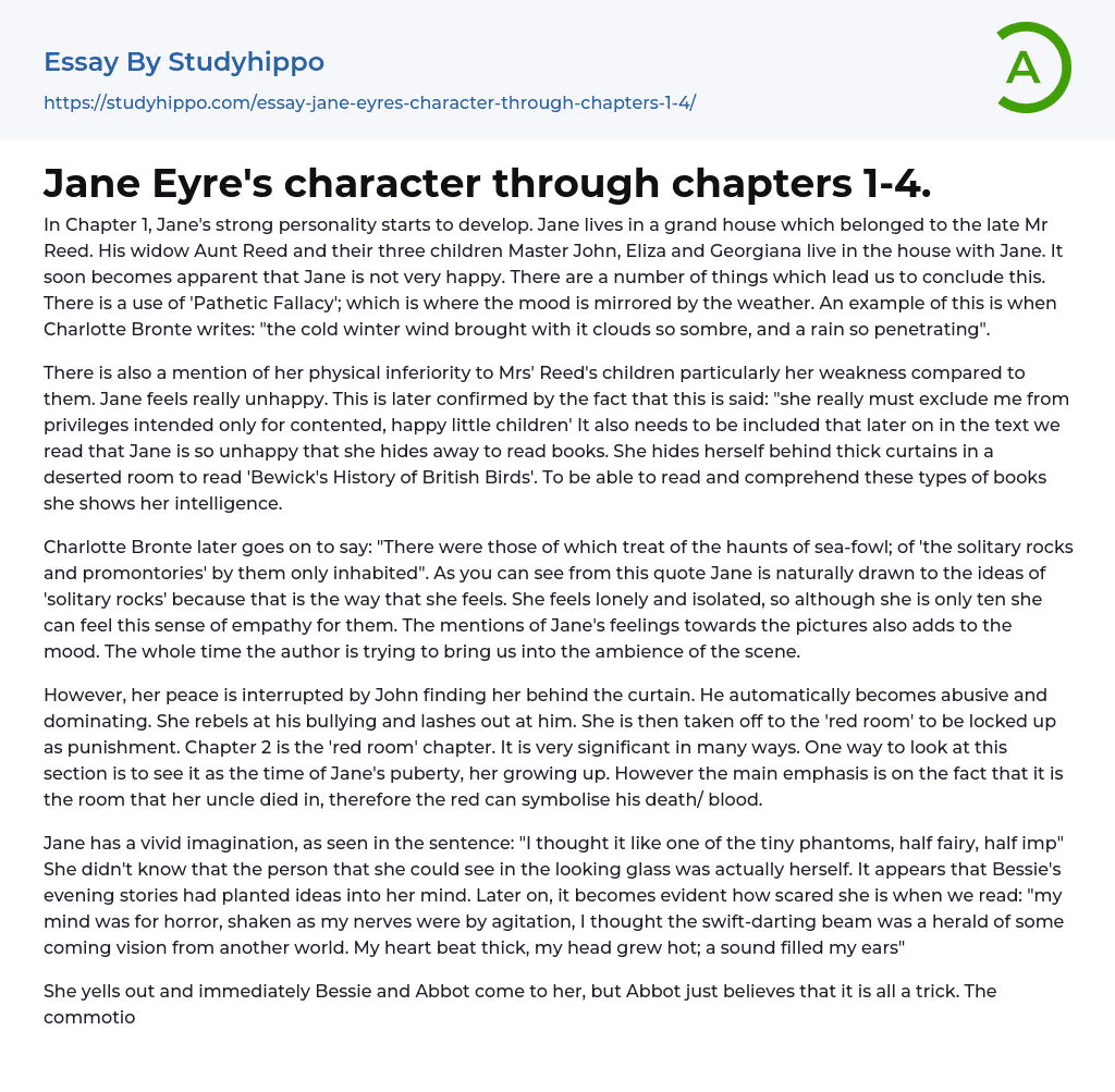 Jane Eyre’s character through chapters 1-4. Essay Example